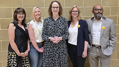 New Liberal Democrat Councillors Jane, Erika, Kirsten and Billah with Alison Bennett MP, at the by election count