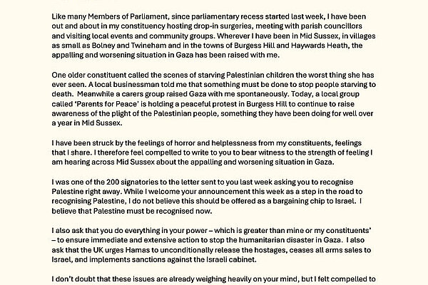 Letter to the prime minister. Text in main body.