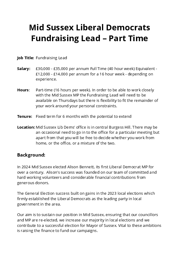 Mid Sussex Liberal Democrats  Fundraising Lead – Part Time