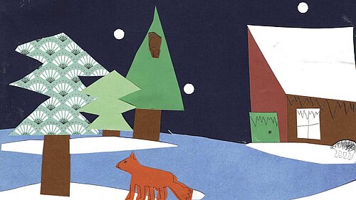 Christmas Card scene with snow and animals at night