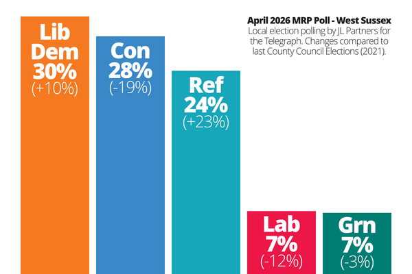 Barchart showing: Lib Dems  30% (+10%),  Conservatives 28%  (-19%),  Reform  24%  (+23%),  Labour  7%  (-12%),  Greens  7%  -(3%)