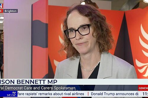 Alison Bennett MP live on GBNews from the liberal democrat conference in Brighton.  Standing infront of a liberal democrat logo