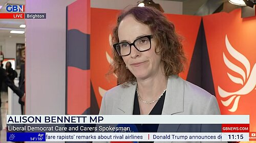 Alison Bennett MP live on GBNews from the liberal democrat conference in Brighton.  Standing infront of a liberal democrat logo