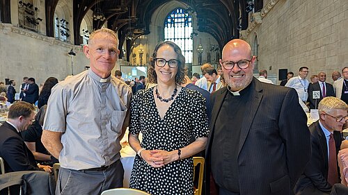 Alison Bennett MP stands with Revd. Will Kemp, Vicar of St Andrew’s Church in Burgess Hill, and Revd. Daniel Valentine, Vicar of Cuckfield and Bolney, at the National Parliamentary Prayer Breakfast in Westminster Hall.
