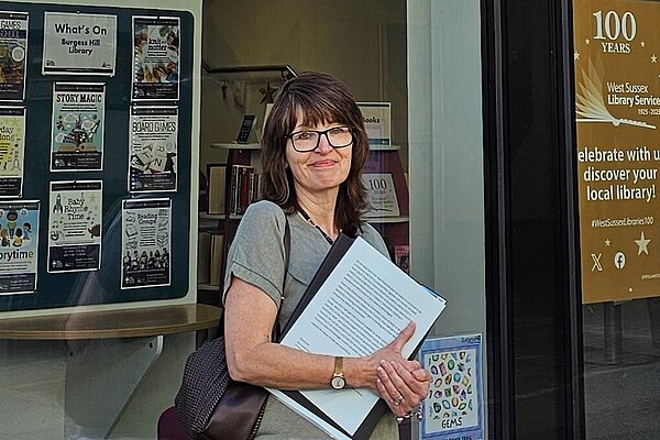 Jane Davey outside Burgess Hill Library