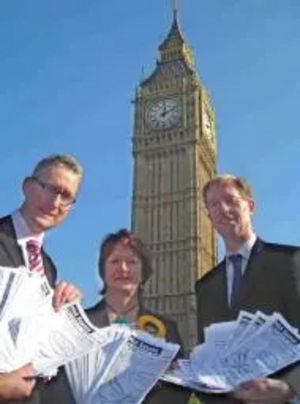 Serena presenting petition to Lembit Opik, MP, Lib Dem Shadow Minister for DBERR