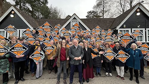 Sir Ed Davey MP, Alison Bennett MP, Jess Brown-Fuller MP in Haywards Heath with Volunteers holding Lib Dem Diamonds