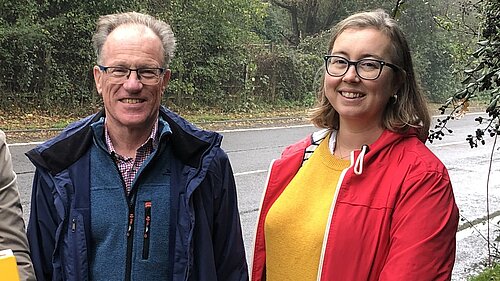 Outgoing councillors Kirsty Lord and Stuart Condie on Jane Murray Way where they have secured pedestrian and drainage improvements due to be implemented later this year