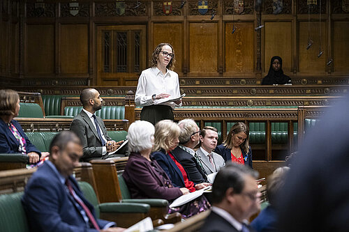 Alison in Parliament Chamber asking a question while standing, with other MPs sitting around