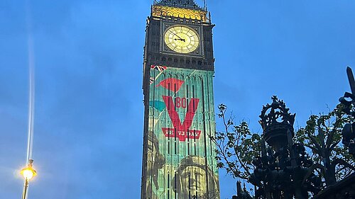 Elizabeth Tower (Big Ben) lit up commemorating VE Day 80